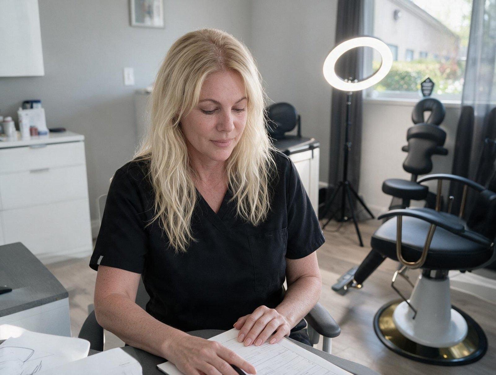 Blonde woman in black scrubs sits at a desk looking down at paperwork