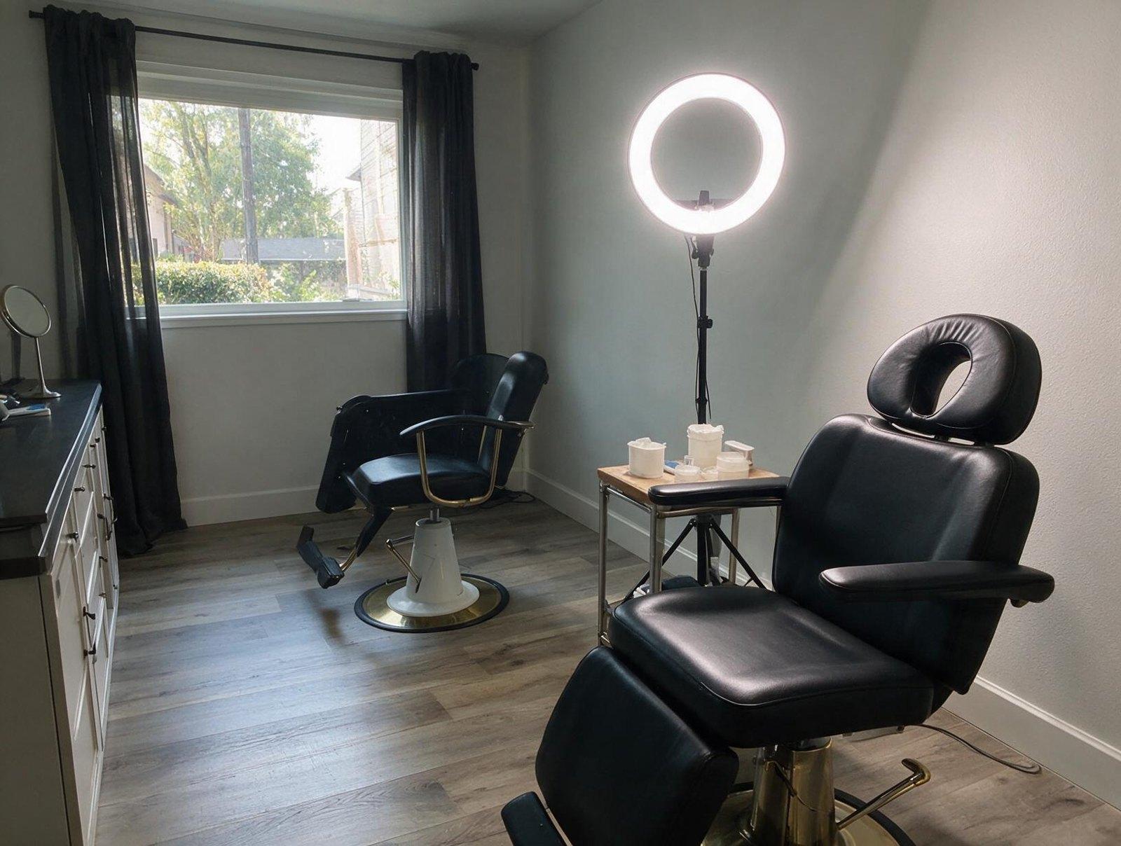 Empty treatment room with a black reclining chair, ring light on a stand, small side table, barber chair