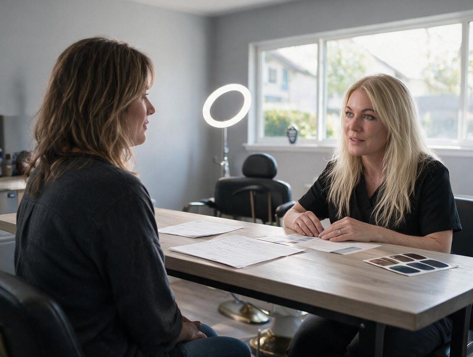 Blonde practitioner in black scrubs and a client with wavy brown hair talk across a wooden table with papers and swatches.