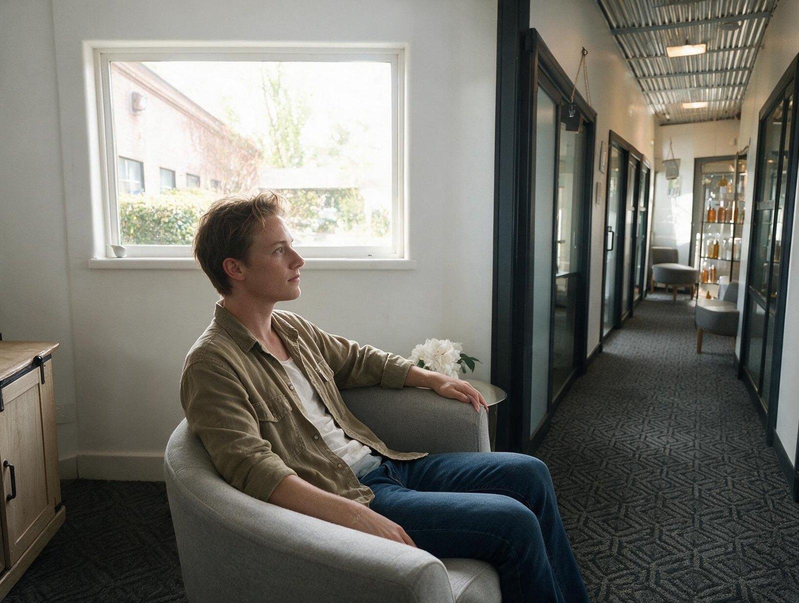 A person with short tousled hair in an olive shirt sits in a grey armchair, gazing out a window