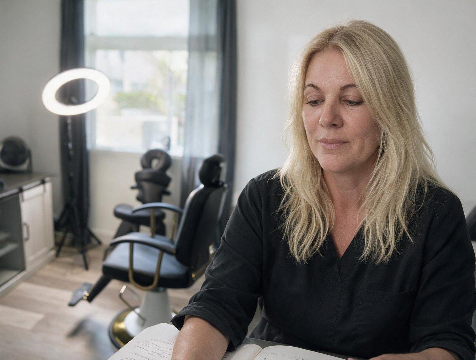 Blonde woman in a black top looks down at open handwritten notes in a bright studio with a ring light and black treatment