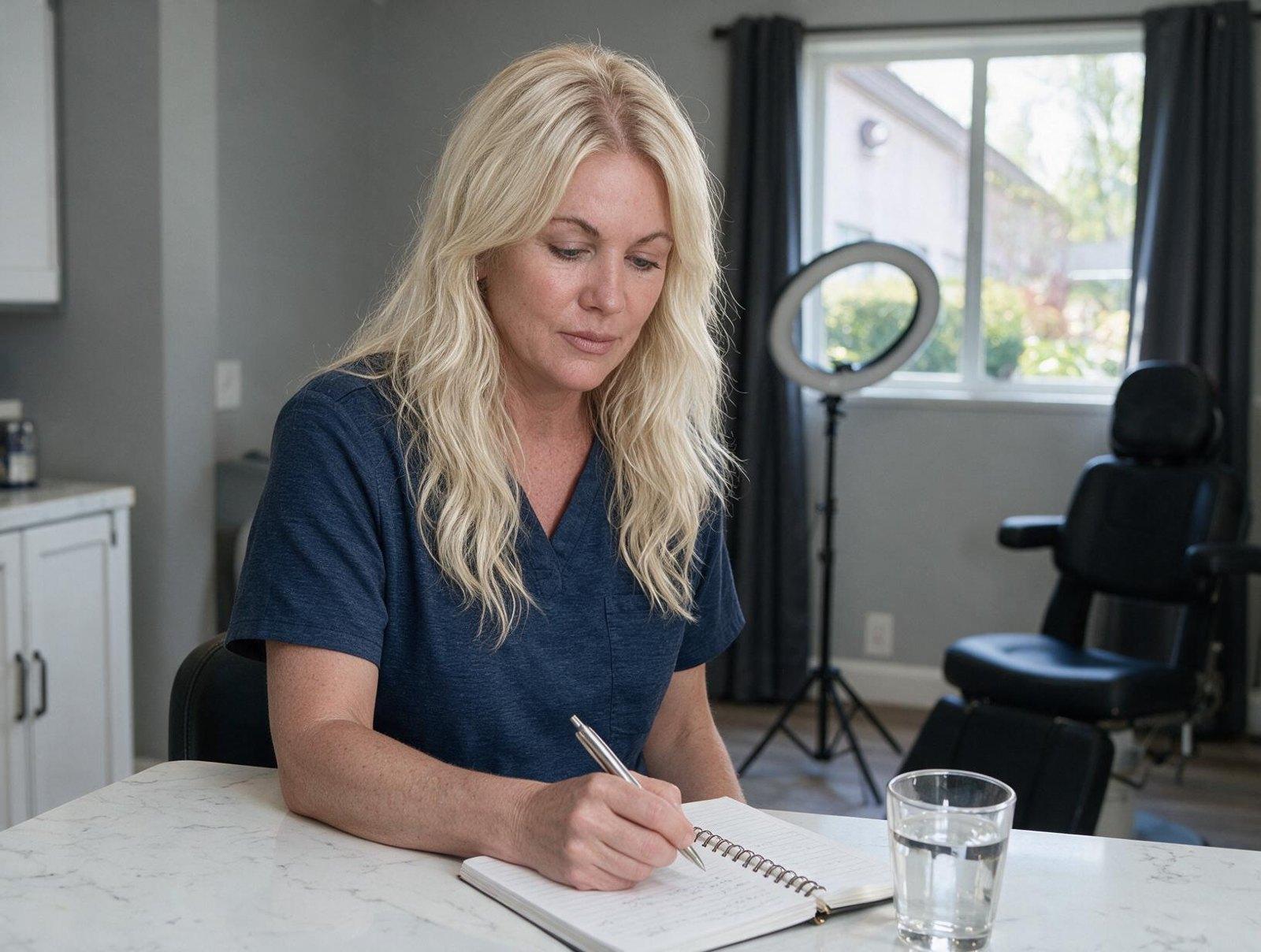 Blonde woman in a navy scrub top writes in a spiral notebook at a marble desk