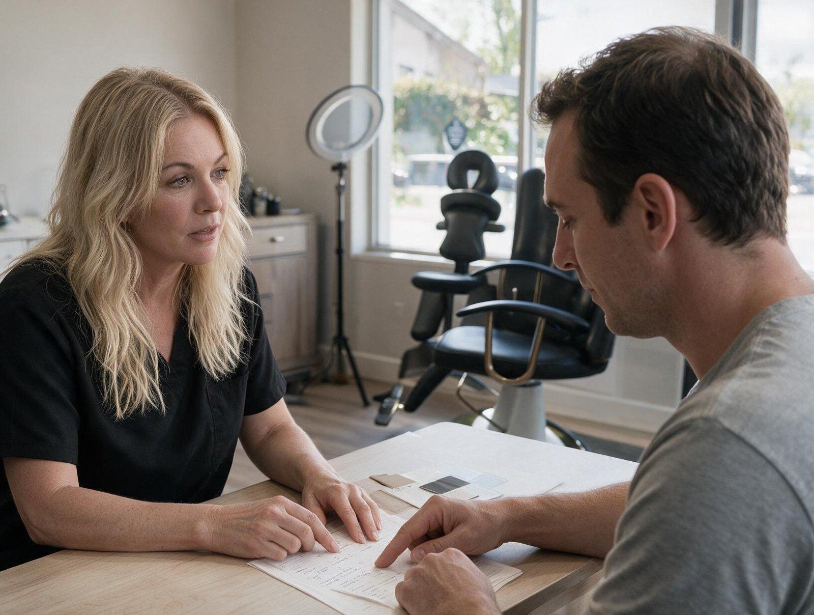 A blonde woman in a black scrub top and a man in a grey t-shirt lean over a table of papers and swatches in a bright