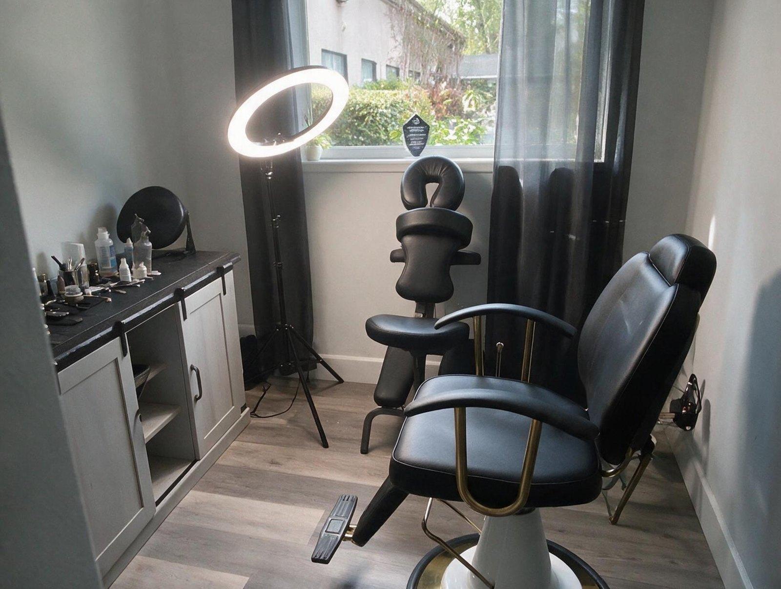 Treatment room with a black reclining chair, ring light on a tripod, massage-style face-cradle chair