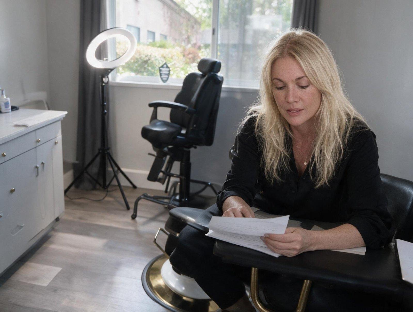 Blonde woman in a black shirt sits in a black chair in a bright treatment room, looking down at papers