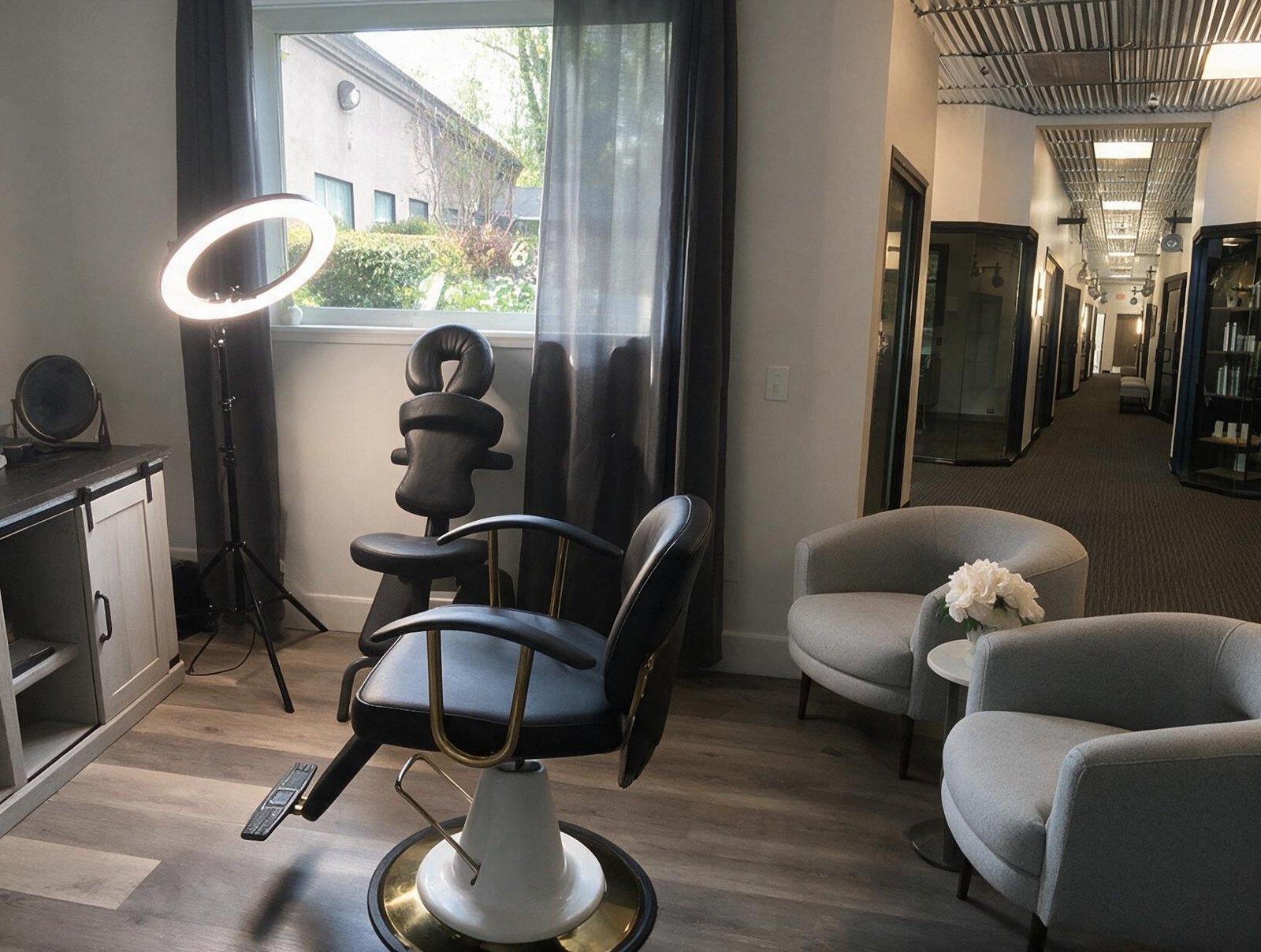 Treatment room with a black leather chair, a face-down massage-style chair