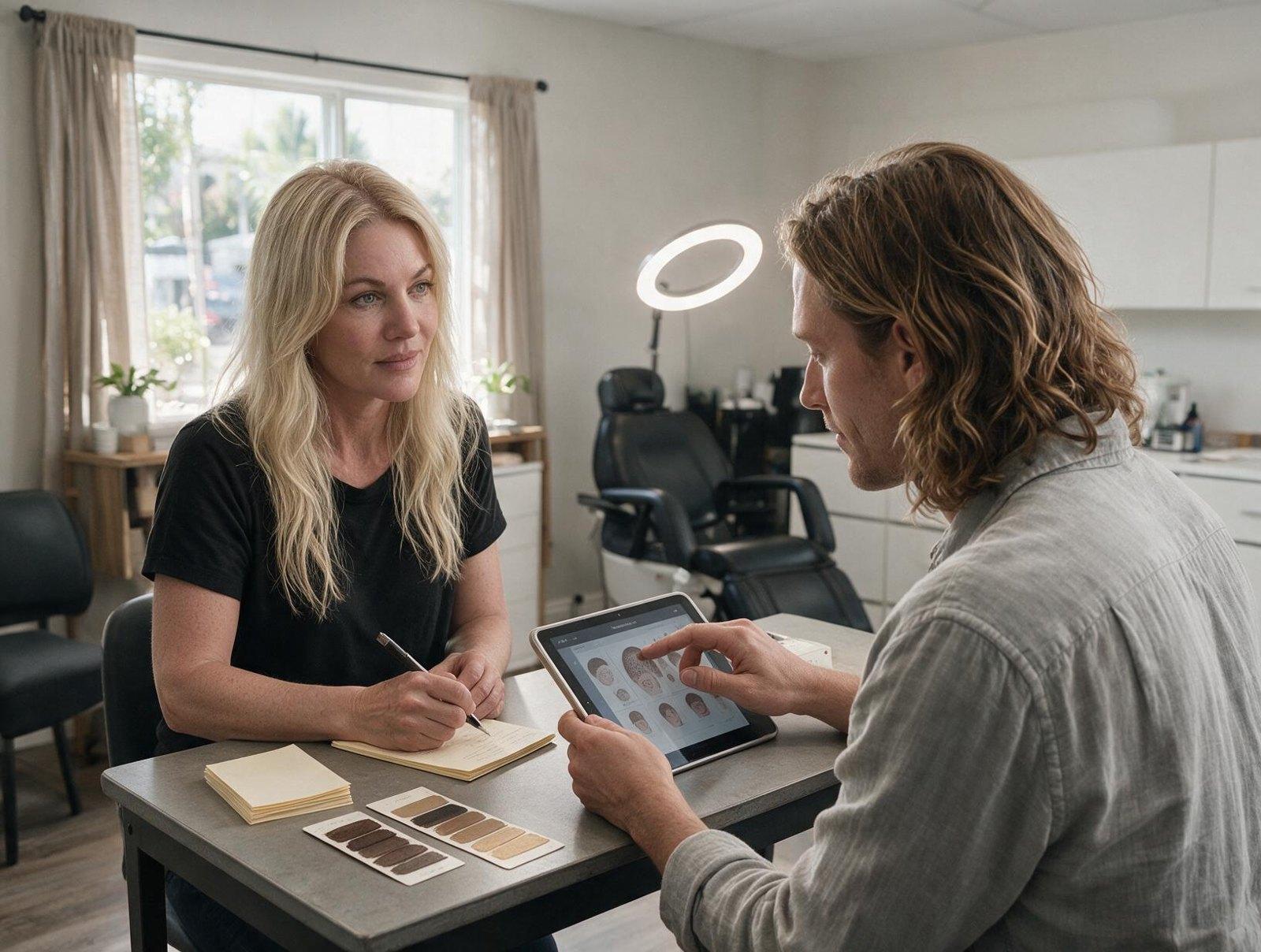 A blonde woman in a black t-shirt takes notes at a table while a long-haired man points at hair patterns on a tablet in a