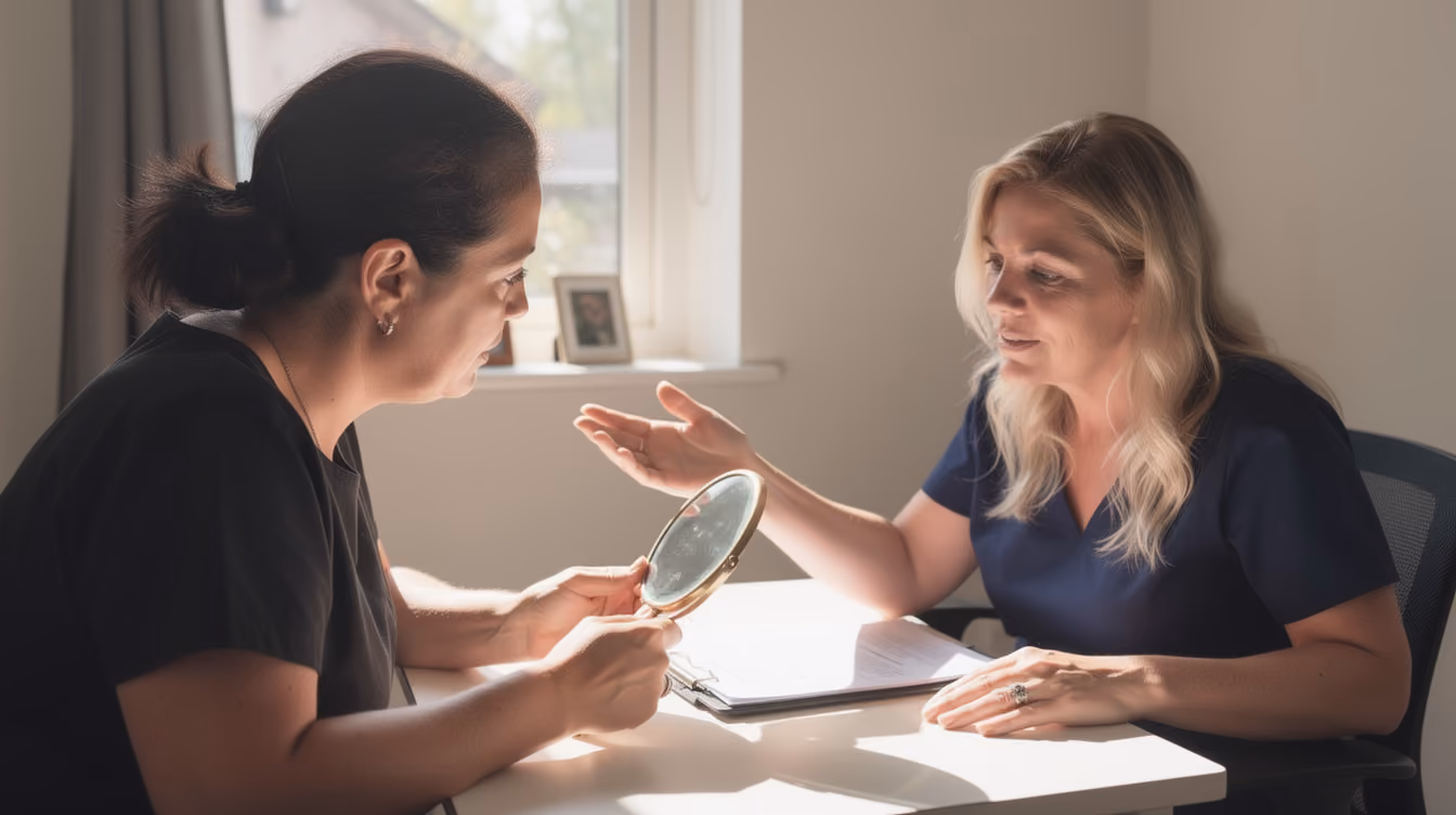 Two women at a table in a sunlit room, one holding a hand mirror while the other gestures and talks