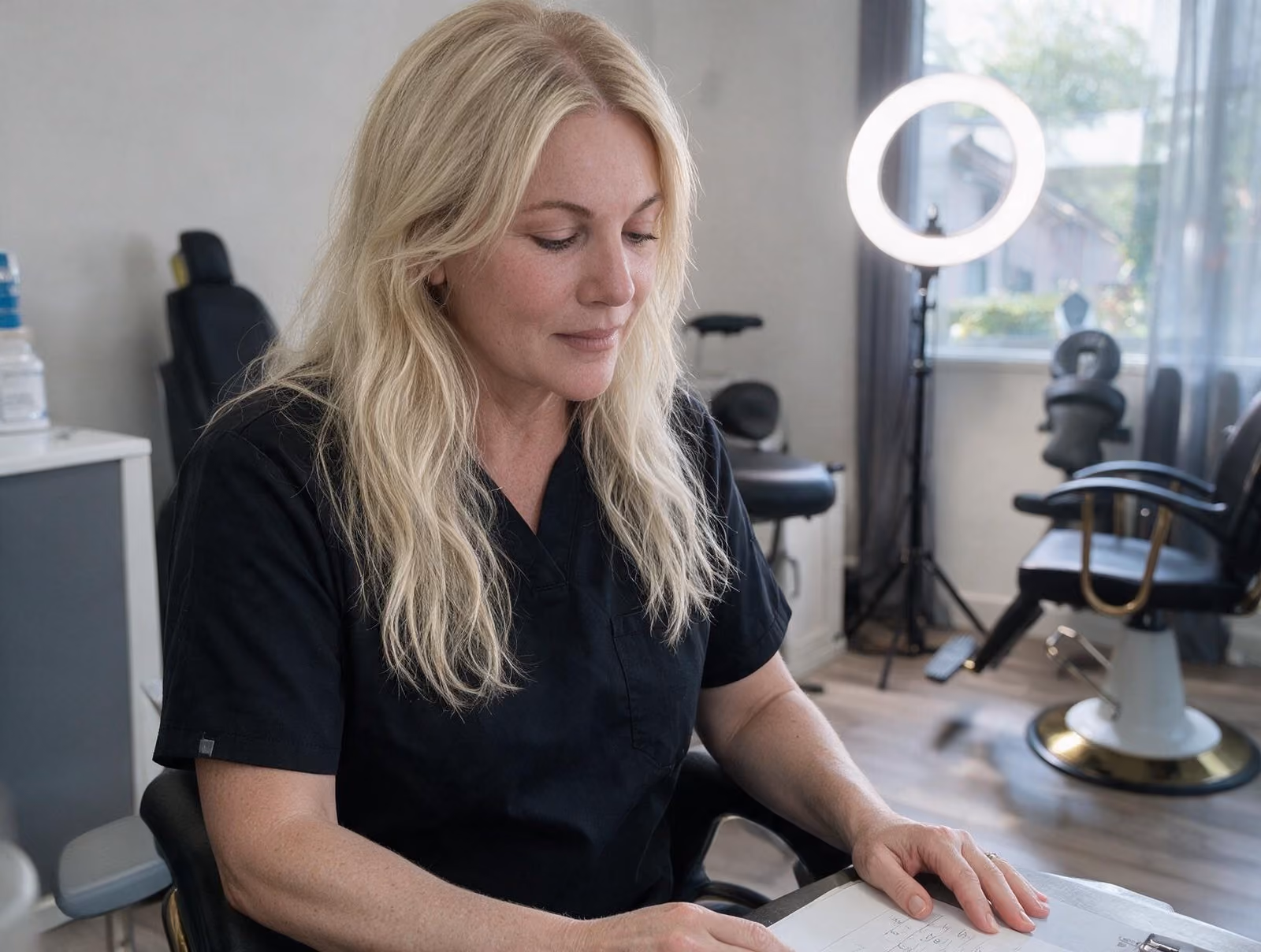 Blonde woman in black scrubs reviewing forms at a desk in a bright room with a ring light and treatment chairs