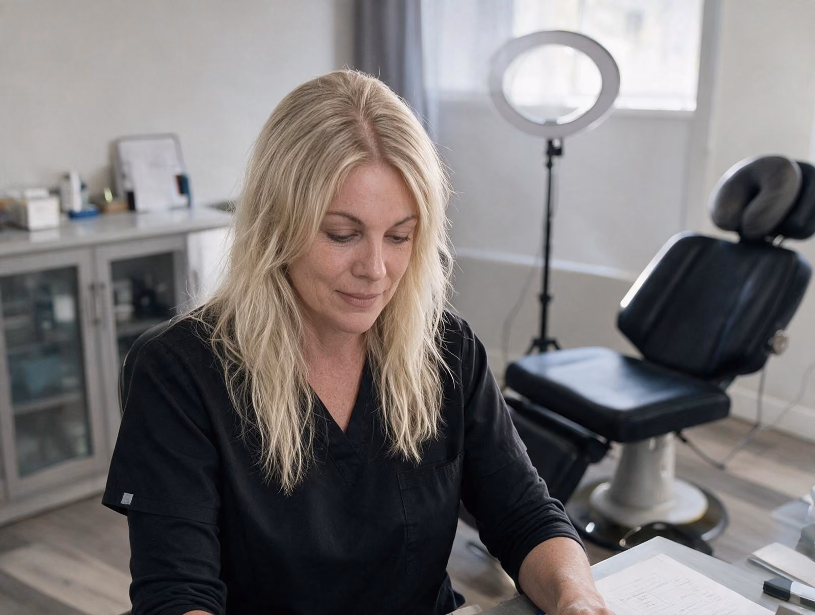 Blonde woman in black scrubs looking down at paperwork at a desk beside a black treatment chair and ring light