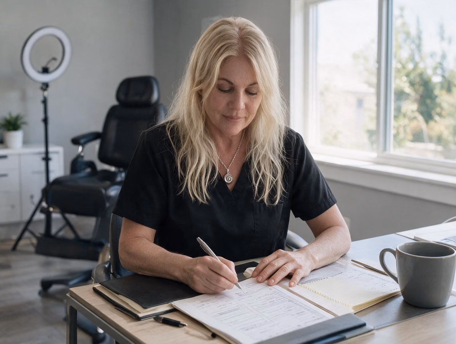 Blonde woman in black scrubs writing on forms at a desk, with a black treatment chair and ring light behind her