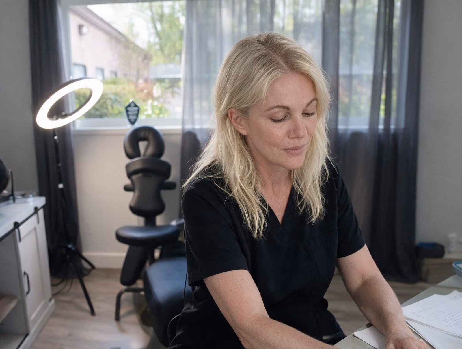 Blonde woman in black scrubs looking down at papers in a bright room with a ring light and a face-cradle chair