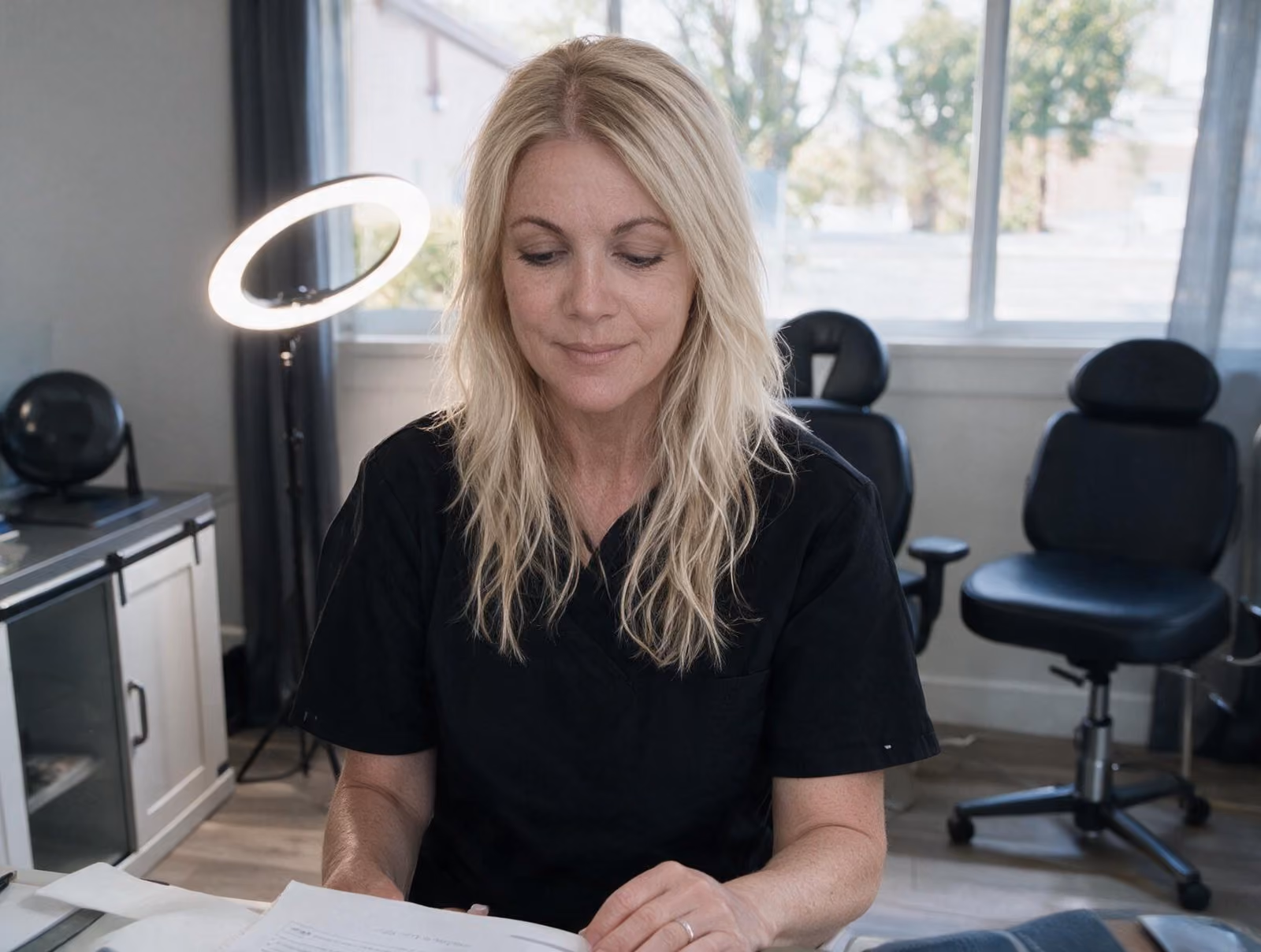 Blonde woman in black scrubs reading a document at a desk with a ring light and black chairs in the background
