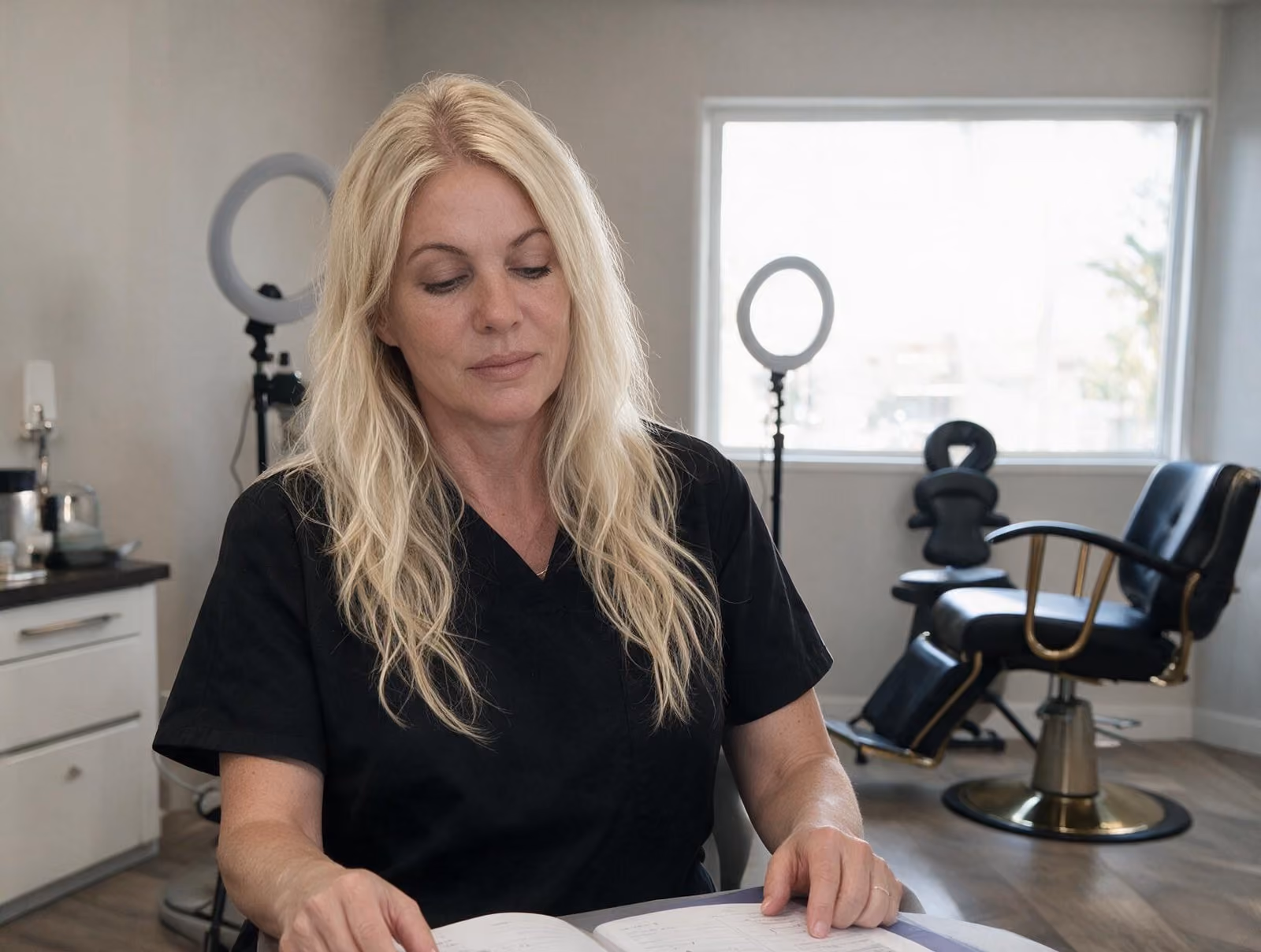 Blonde woman in black scrubs looking down at an open book at a desk, with ring lights and a treatment chair behind her