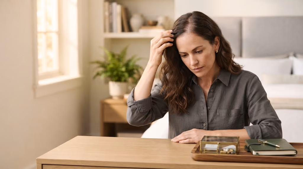 Woman with long brown hair touching her hairline at a wooden table, with a notebook and a small glass box of pills