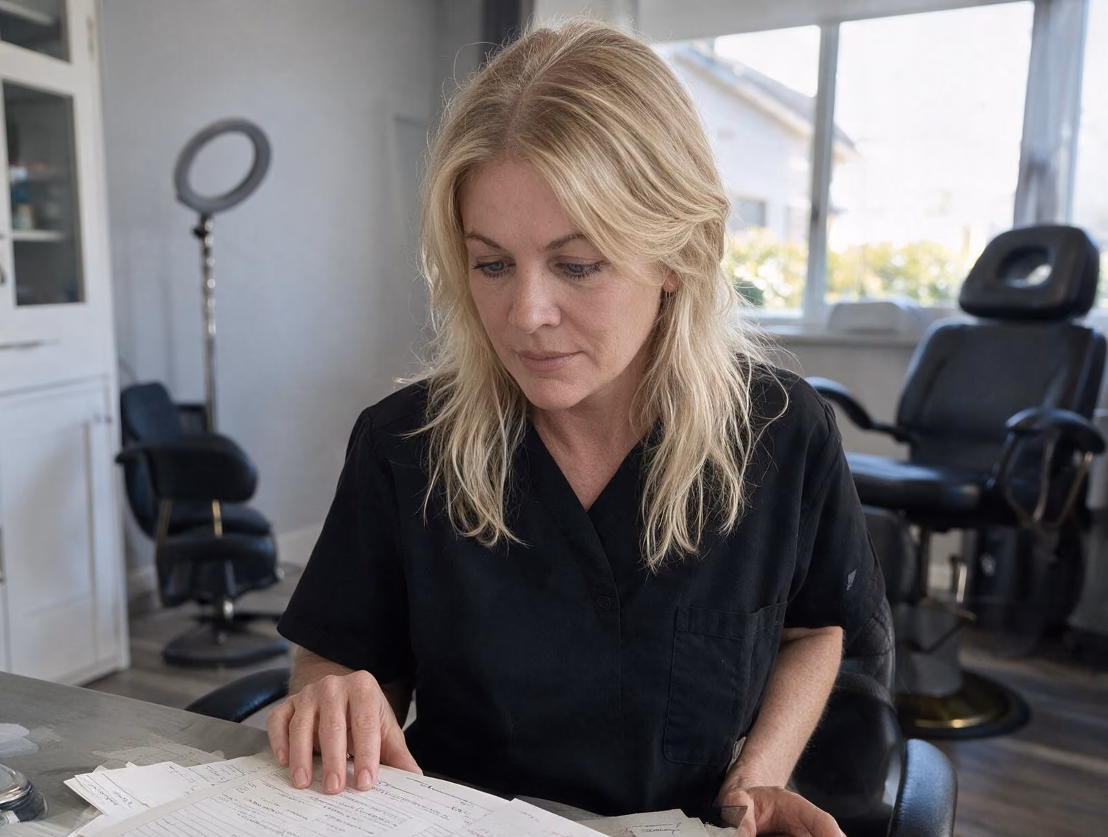 Blonde woman in black scrubs reading papers at a desk with a ring light, treatment chairs and a window behind her