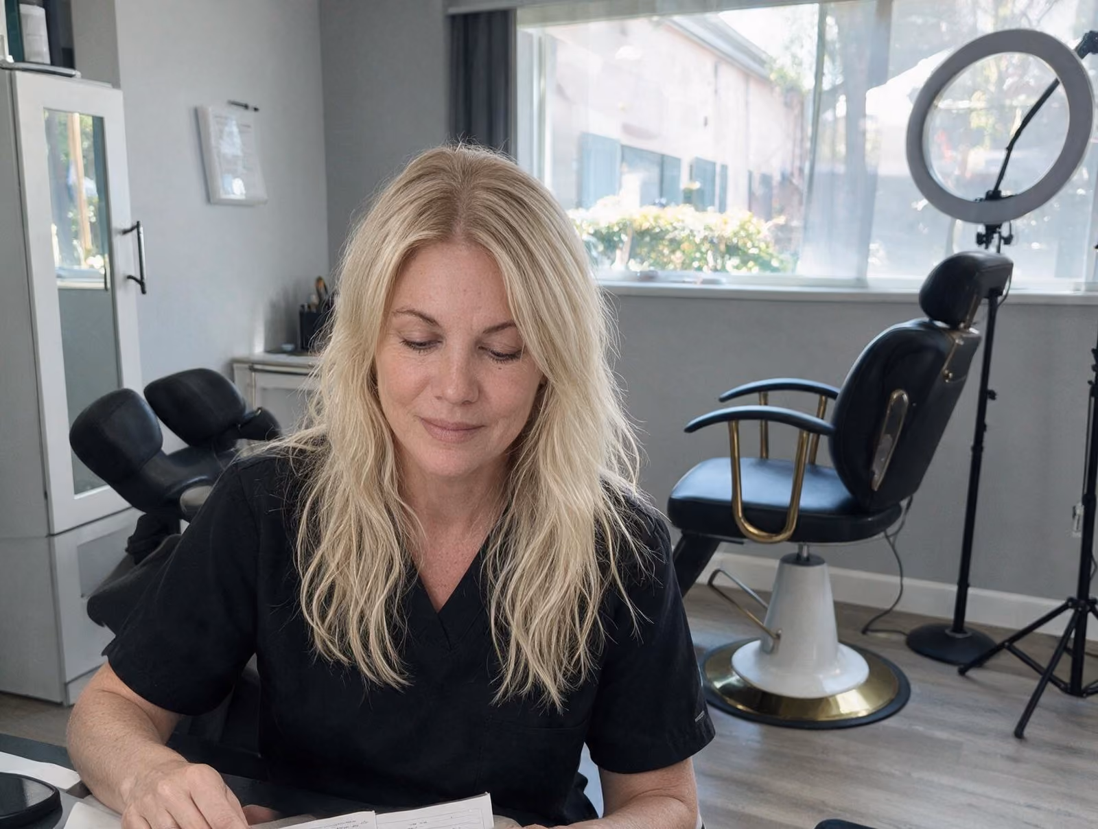 Blonde woman in black scrubs looking down at papers in a bright treatment room with a ring light and black chairs