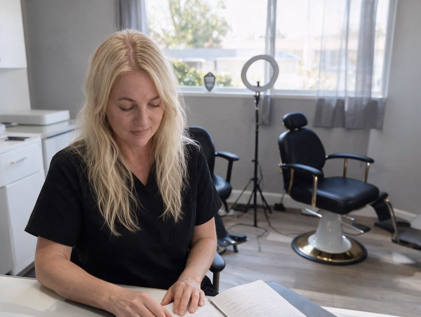 Blonde woman in black scrubs reading forms at a desk in a bright room with a ring light and a black treatment chair