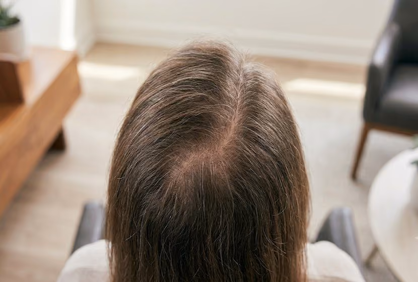 Top-down view of a woman's brown hair with a center parting and visible thinning at the crown