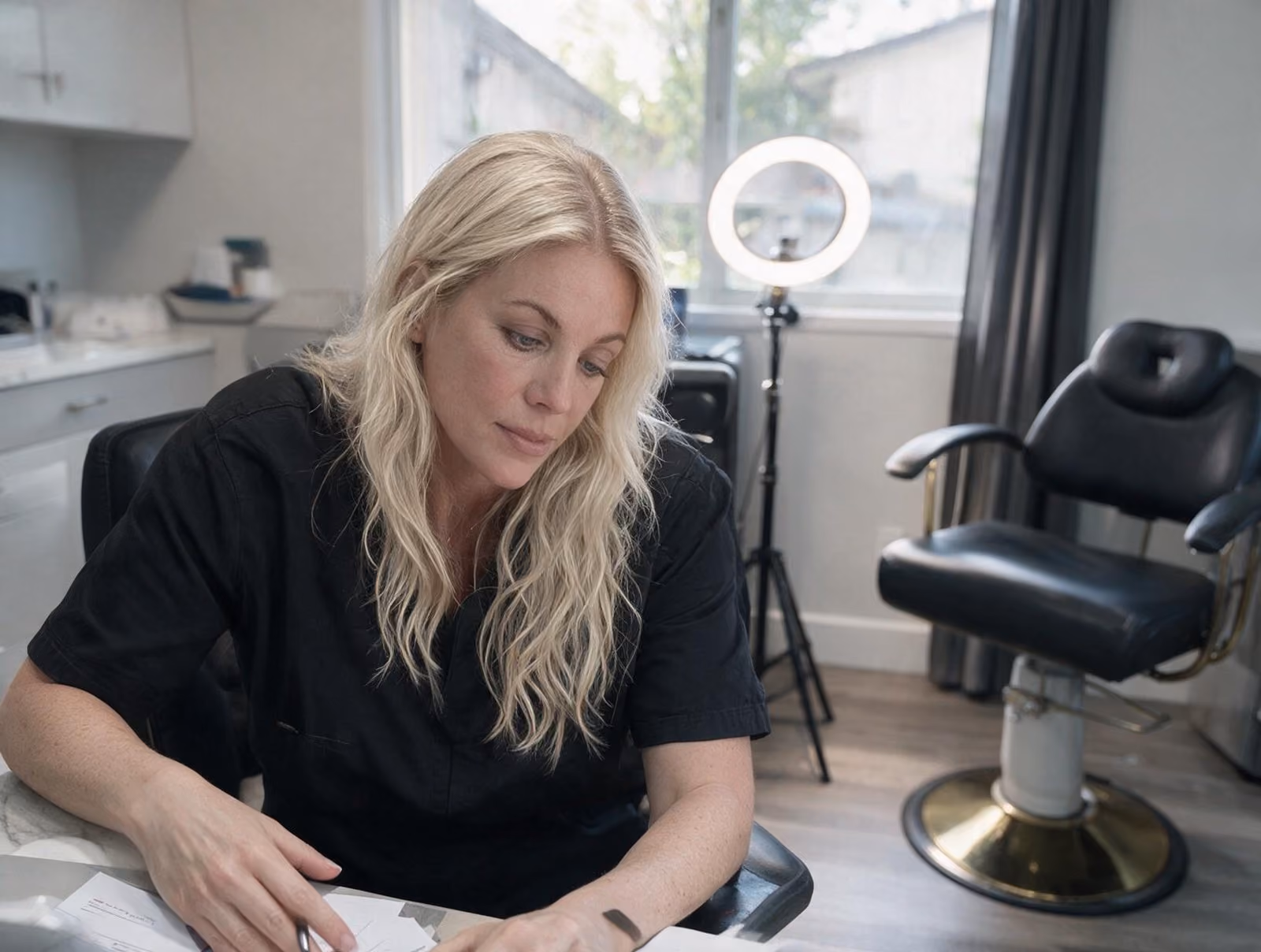 Blonde woman in a black scrub top sits at a desk looking down at papers, with a ring light and treatment chair behind her