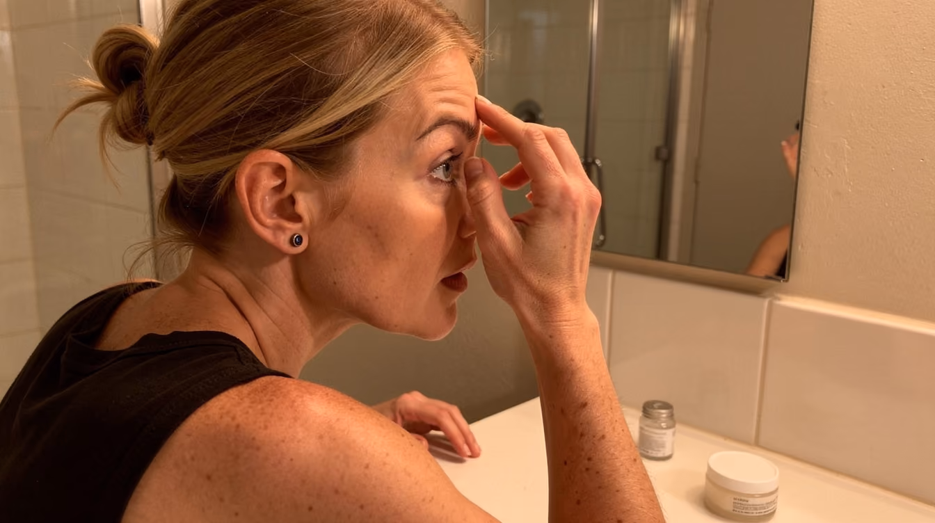 Woman in a black top touches her eyebrow while looking at herself in a bathroom mirror