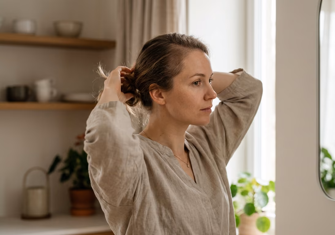 Woman in a linen top ties her hair up in a bright kitchen, looking to the side