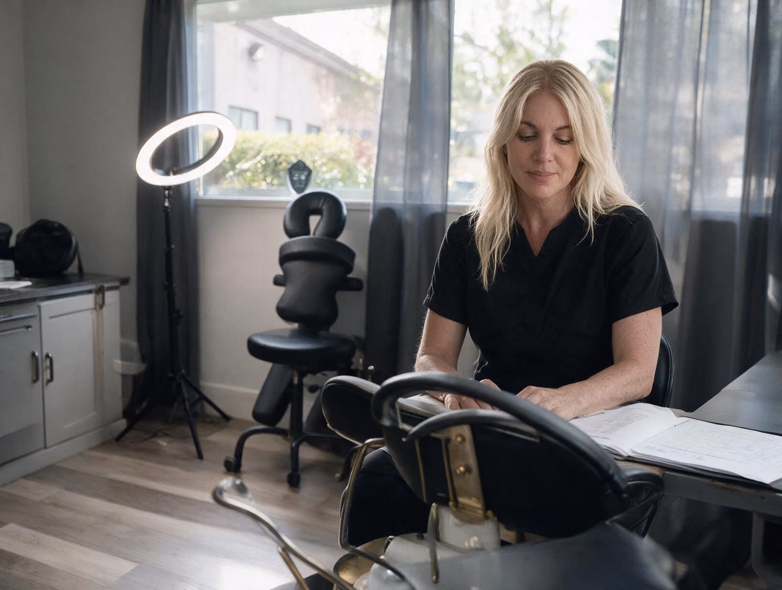 Blonde woman in black scrubs sits at a desk with open papers in a treatment room with a ring light and chairs