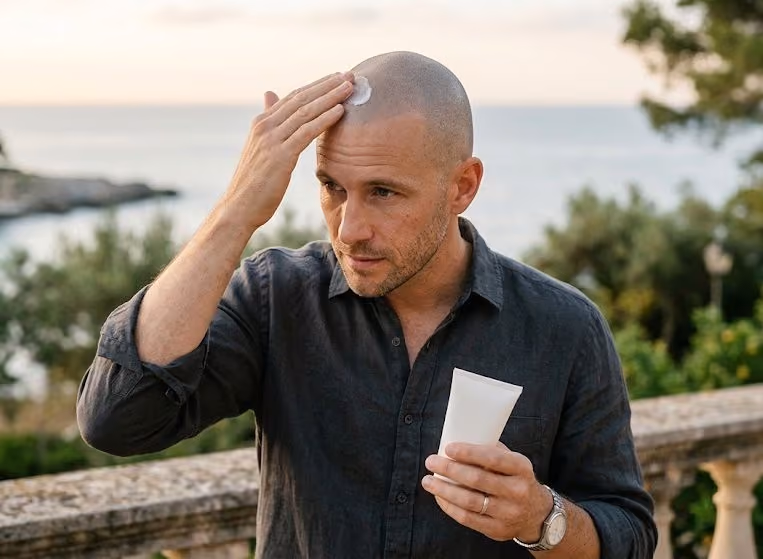 Bald man on a seaside terrace applies white cream to his scalp while holding the tube in his other hand