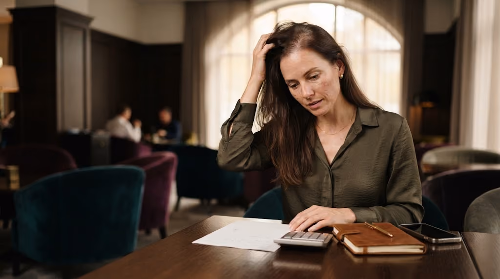 Woman at a dark wooden table touches her hair while using a calculator, with a notebook and phone beside her