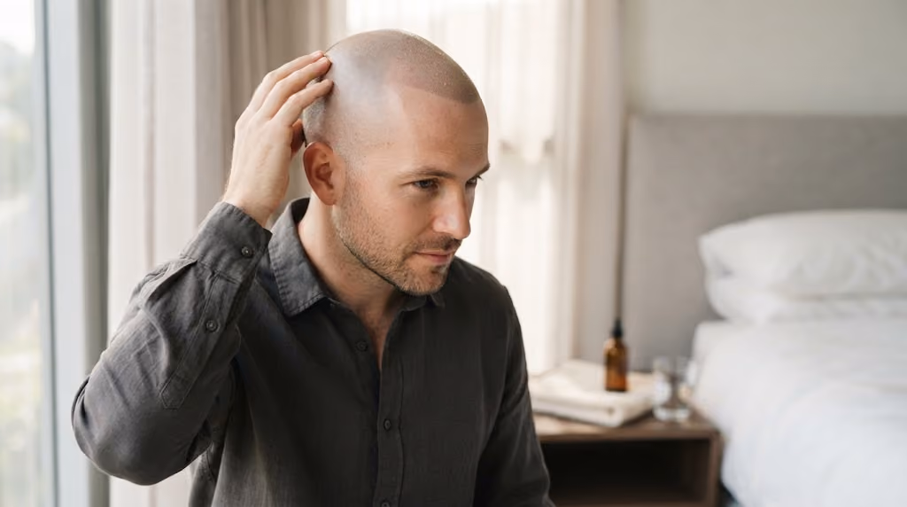 Bald man in a grey shirt touches the side of his head, seated near a window and a bed