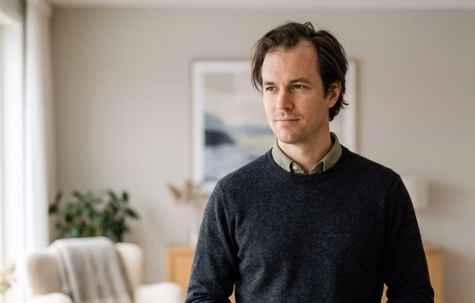 Man with tousled dark brown hair and a receding hairline in a grey sweater, looking off to the side
