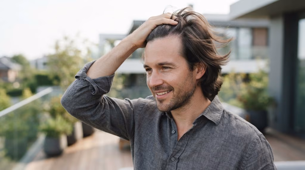 Smiling man with longer brown hair running a hand through it on an outdoor terrace