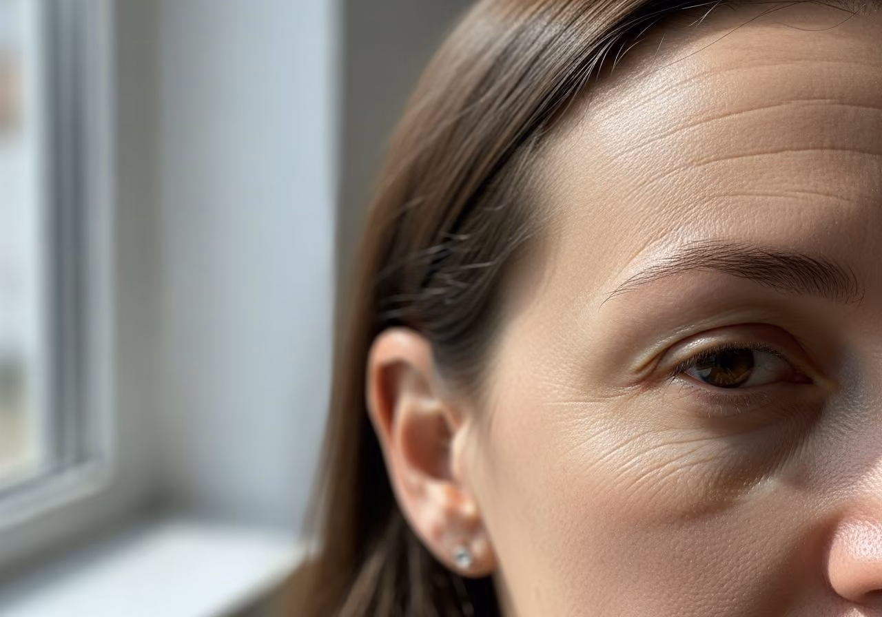 Close-up of the side of a woman's face with straight brown hair tucked behind her ear and a stud earring