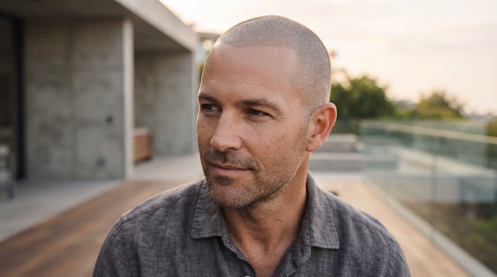 Man with a closely shaved head and stubble in a grey shirt, looking to the side on a terrace