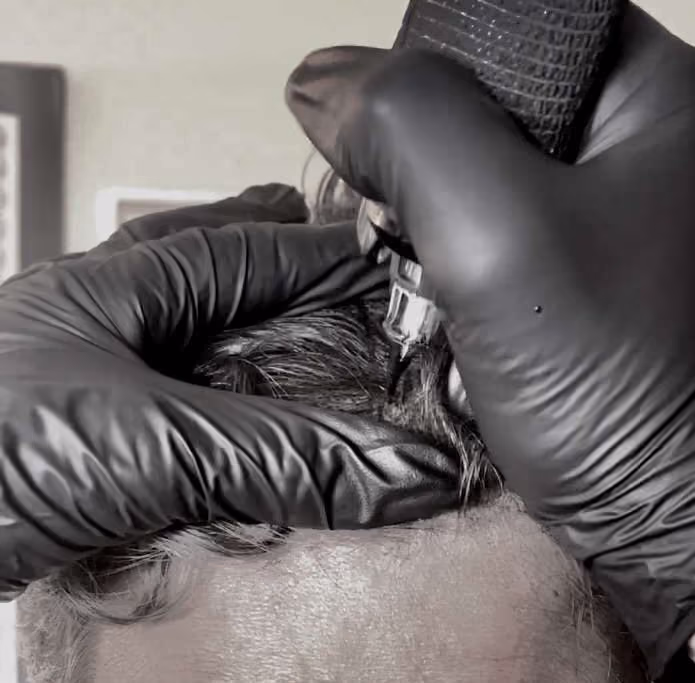 Gloved hands holding a pigment needle against a man's hairline during scalp micropigmentation