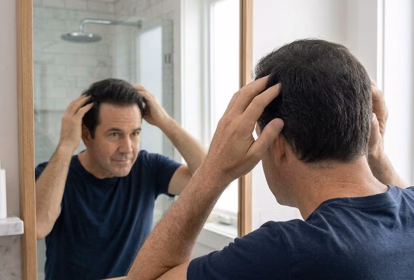 Man with dark hair checking his scalp with both hands in a bathroom mirror