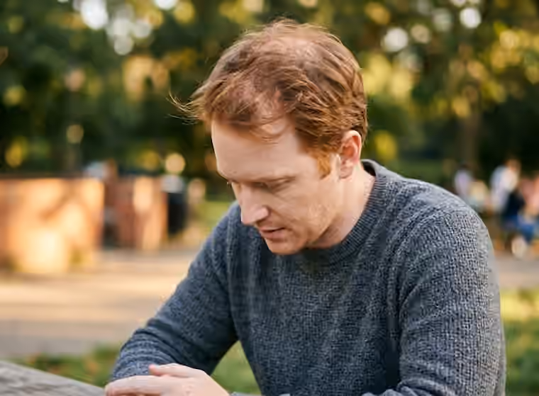Man with thinning red hair looking down while seated outdoors in a gray sweater