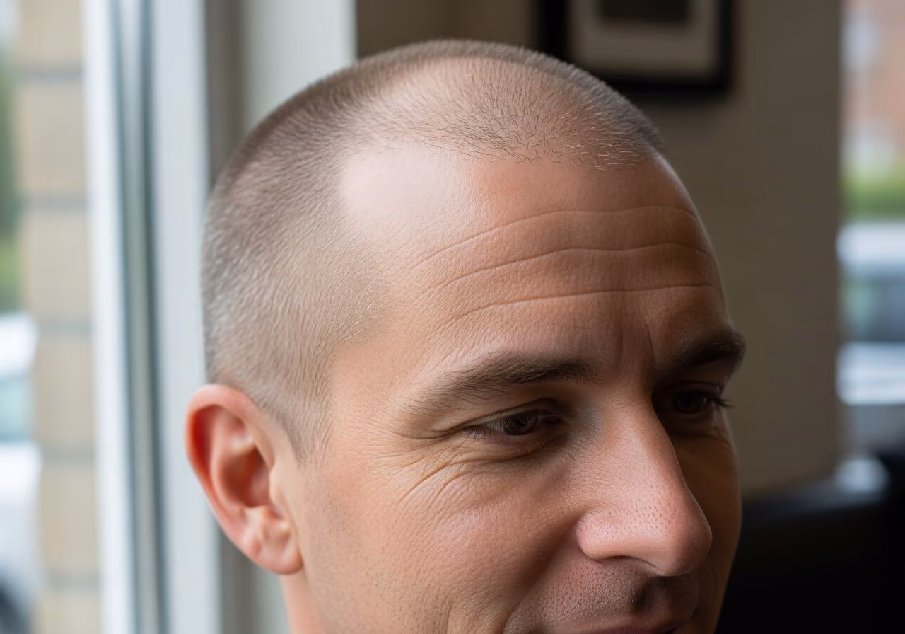 Side view of a man with a closely cropped head looking toward a window