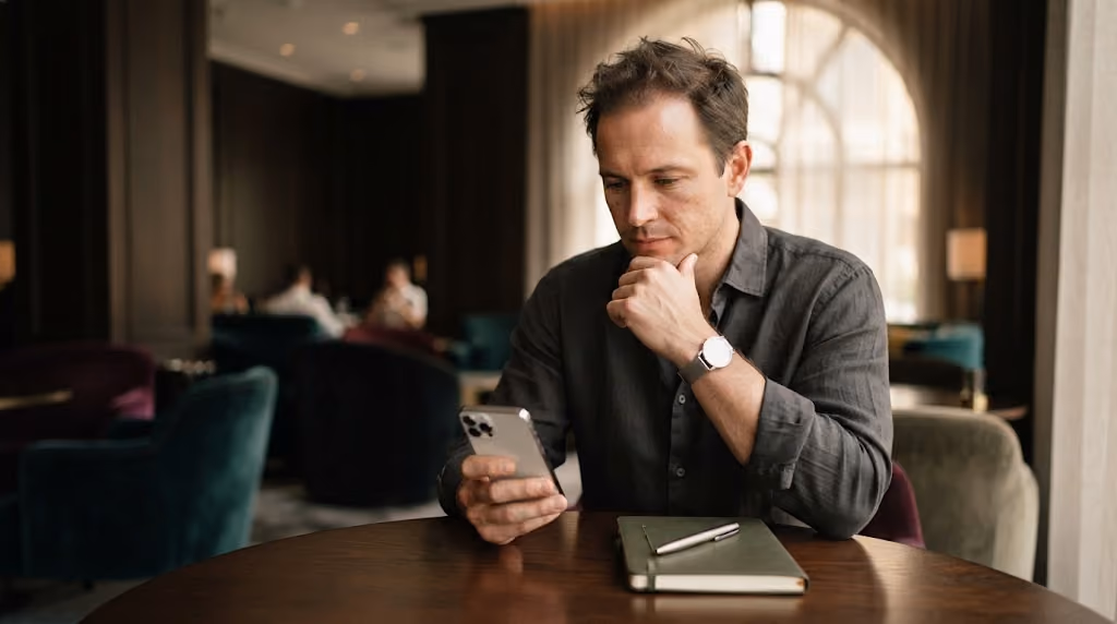 Man at a round table looking at his phone, with a notebook and pen in front of him