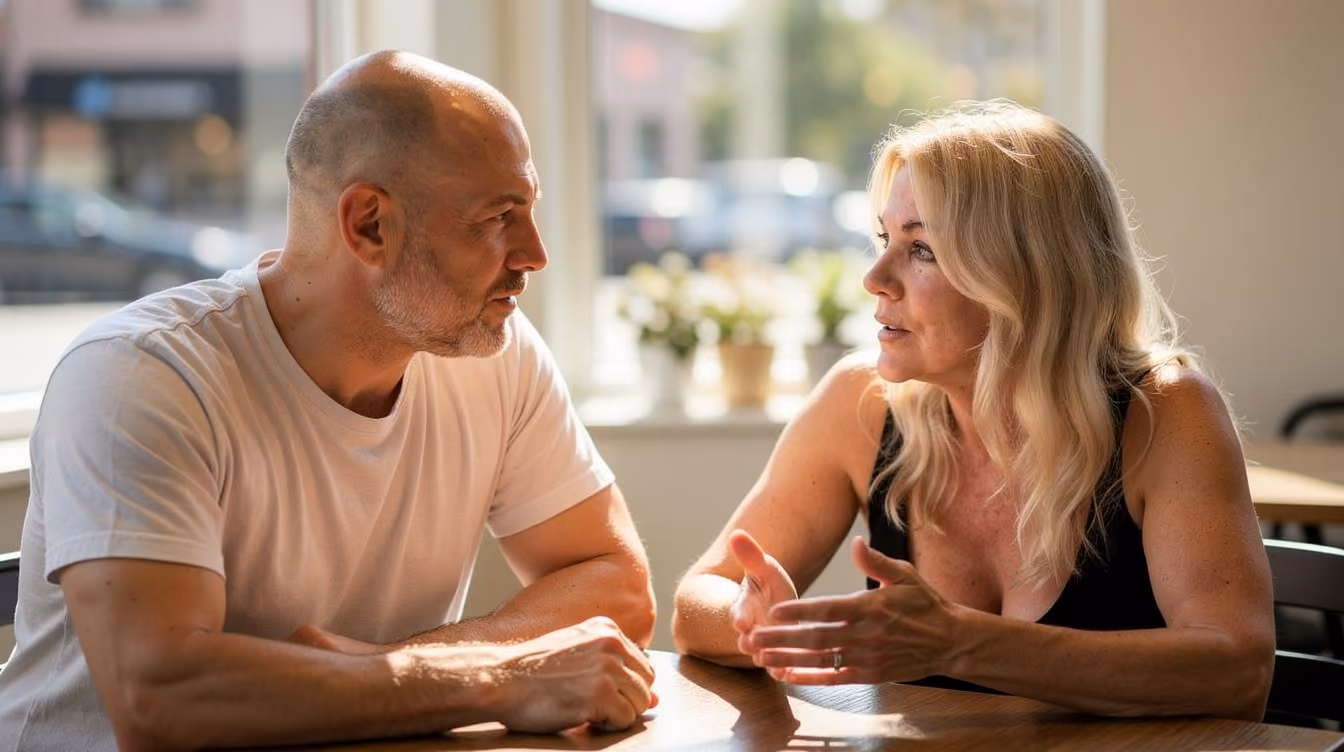 Bald man in a white t-shirt talking with a blonde woman at a table by a sunlit window