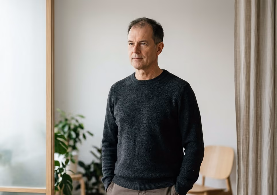 Middle-aged man in a dark sweater standing with hands in his pockets in a bright room with plants
