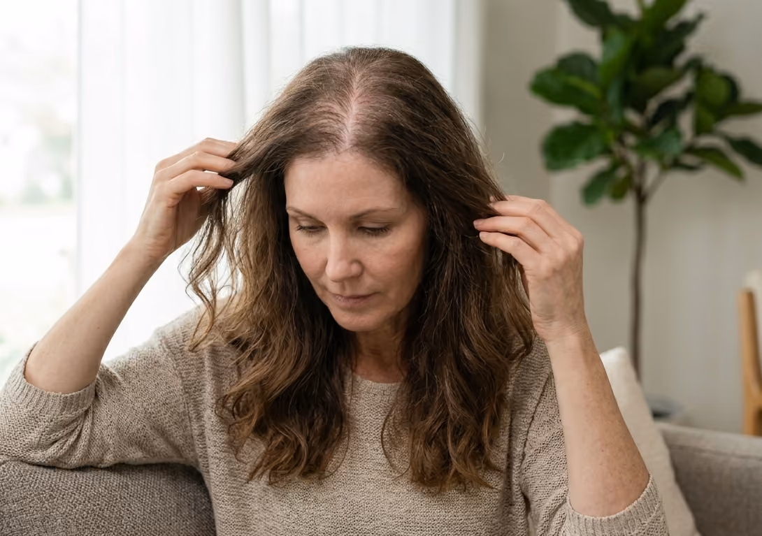 Woman with long brown hair parting it with both hands to show a thin central part