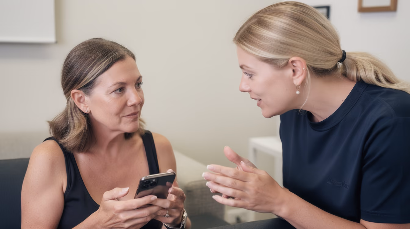 Two women talking in a room, one holding a smartphone while the other gestures with her hands