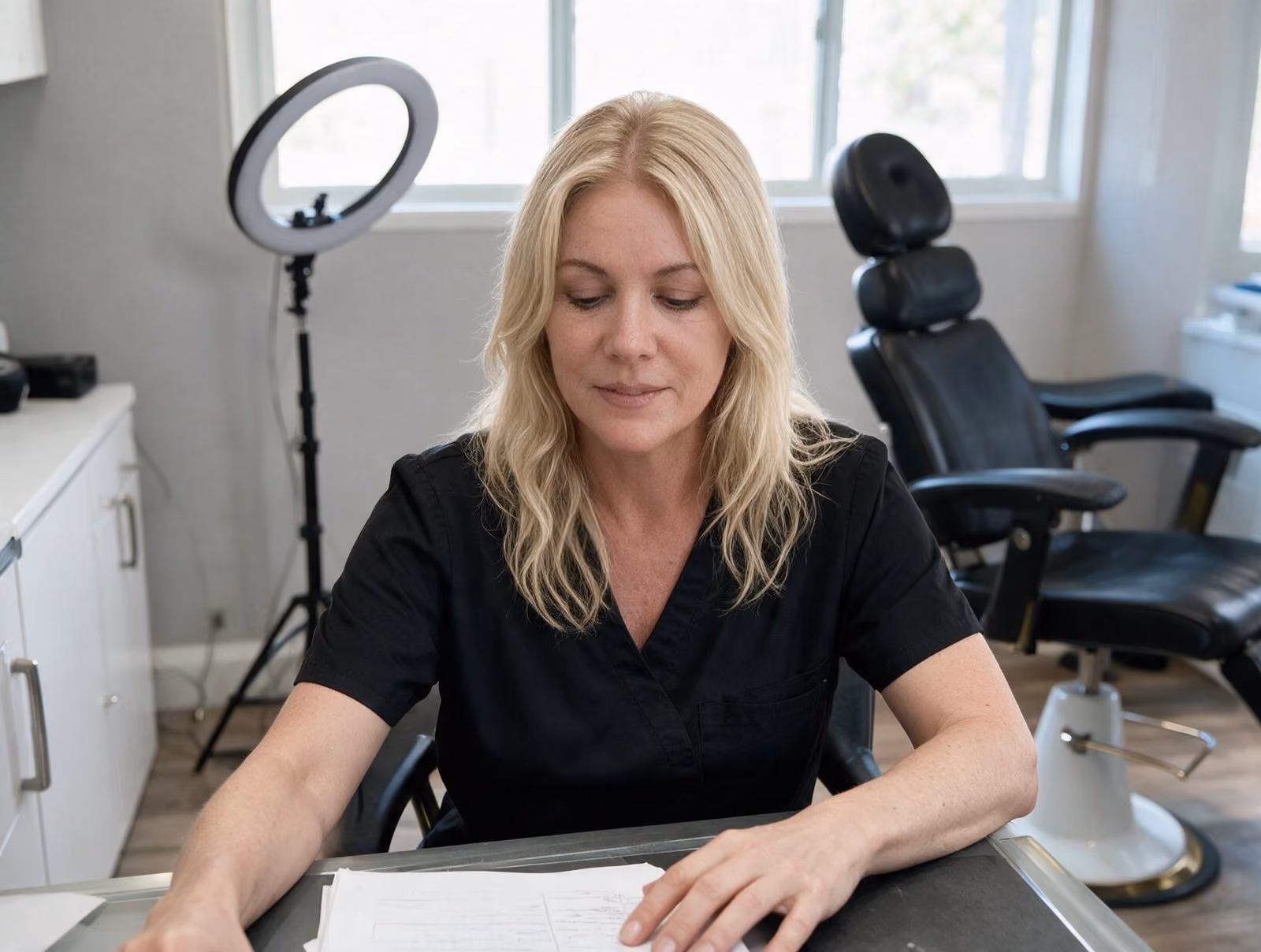 Blonde woman in black scrubs looking down at papers at a desk beside a treatment chair and ring light