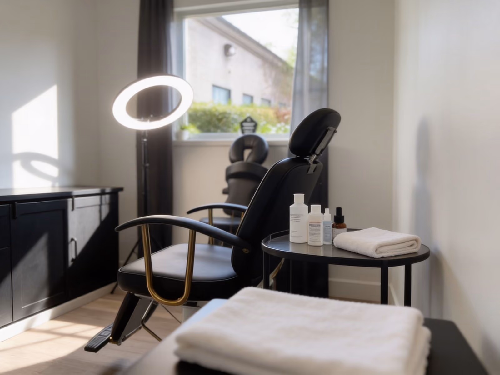 Treatment room with a black chair, ring light, small table of product bottles and folded white towels