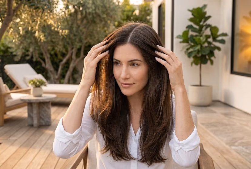 Woman with long brown hair touching her center part on a sunny deck